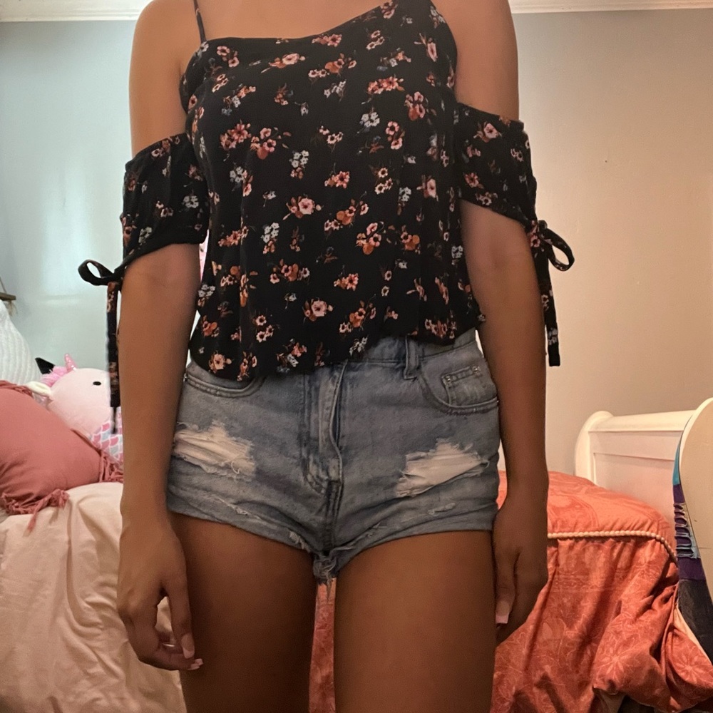 dark navy blue floral off the shoulder top